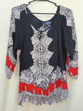Angie Black Cream and Red Printed Boho Tunic Top